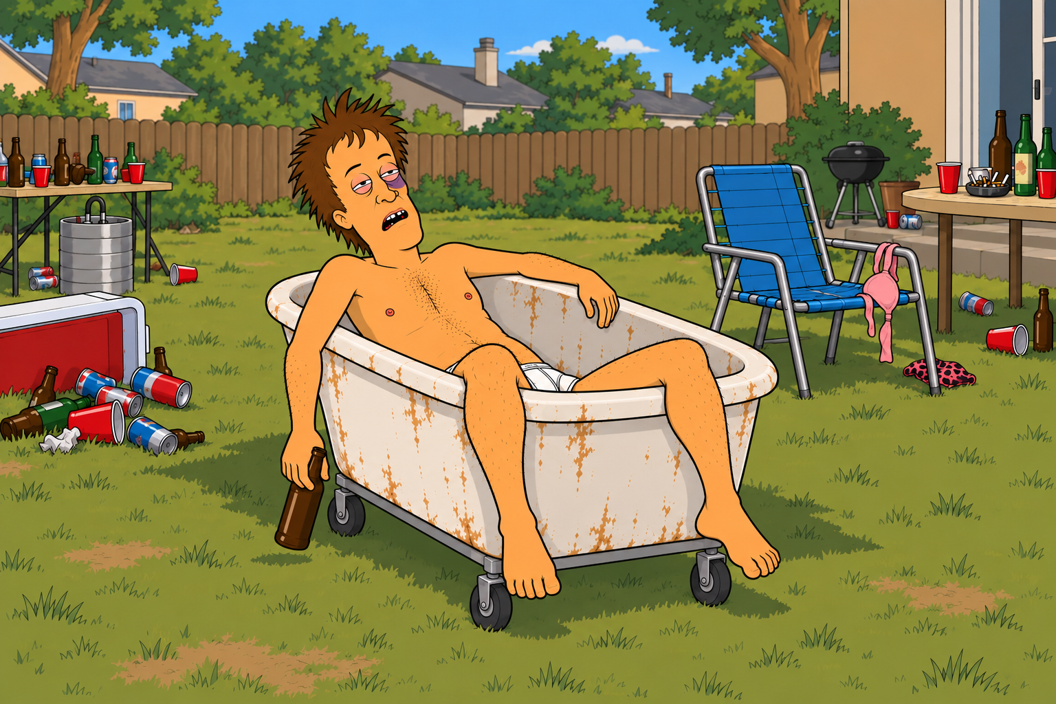 TUBGUY, hungover in a bathtub on wheels after a backyard party